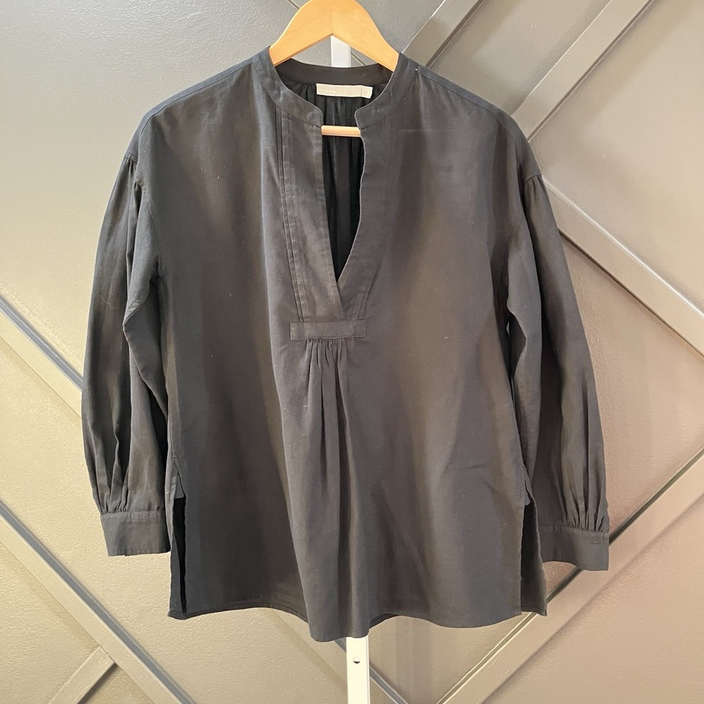 Vince Women's Black Split Neck Long Sleeve Popover Blouse Top Size XS